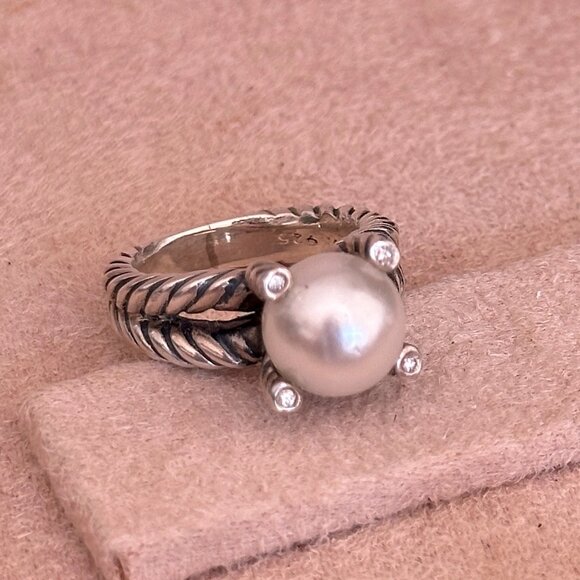 David Yurman Sterling Silver Cable Ring with Pearl & Diamonds – SIZE 7 - Picture 2 of 6